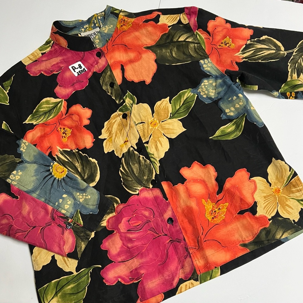 Chico’s Design Floral Print Button-Up Shirt/Jacket Linen Blend Women’s Size 1